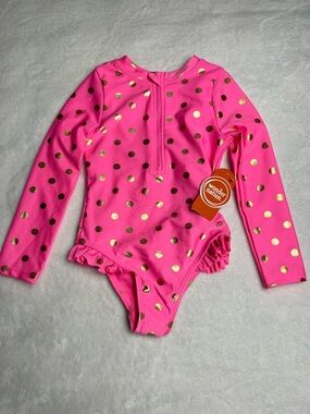 Wonder Nation Swimsuit Toddler Sz 3T Pink Gold Polka Dots UPF 50 Rash Guard Zip